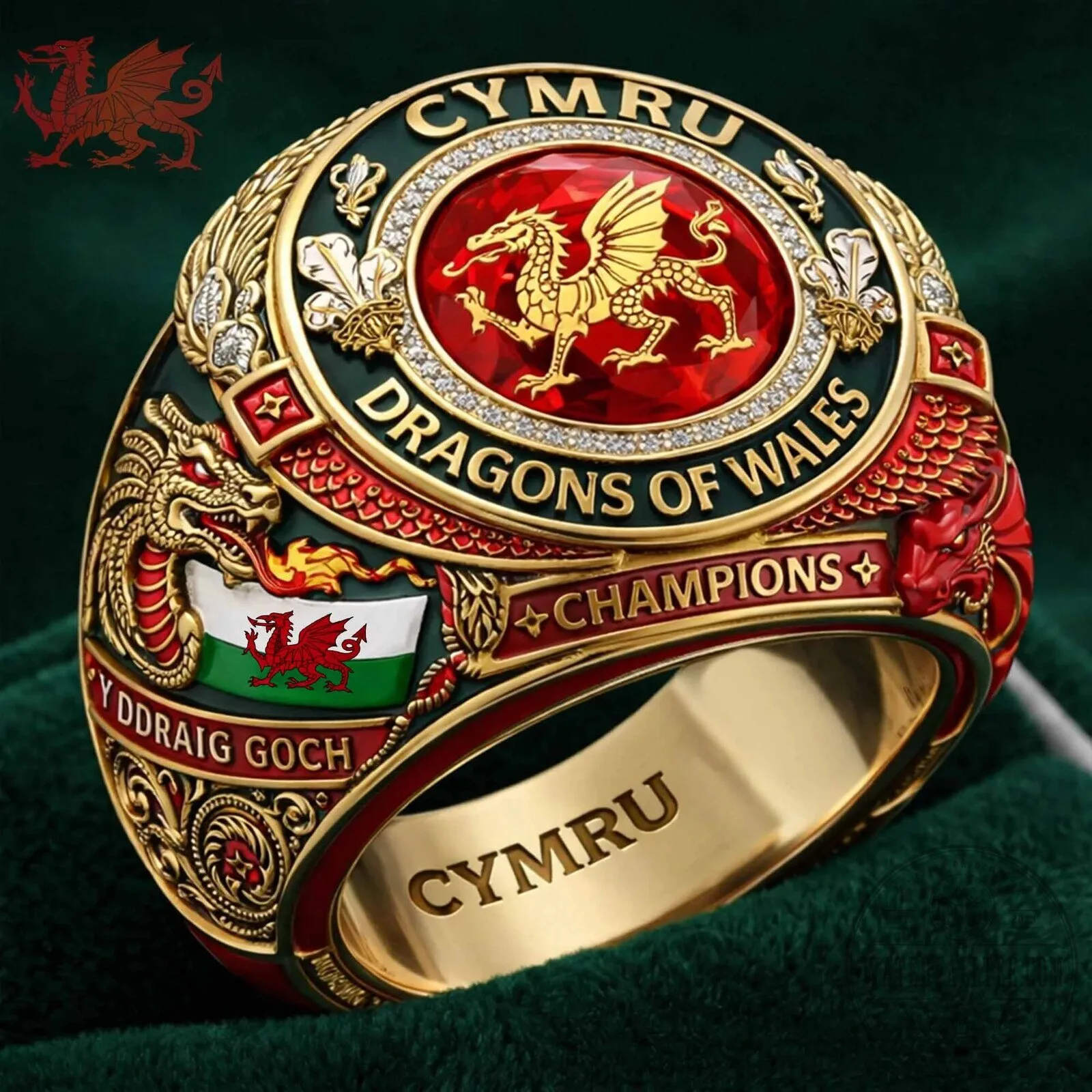 Cymru Dragons of Wales Champions Gold Plated Ring with Red Gemstone 2 Cymru Dragons of Wales Champions Gold Plated Ring with Red Gemstone