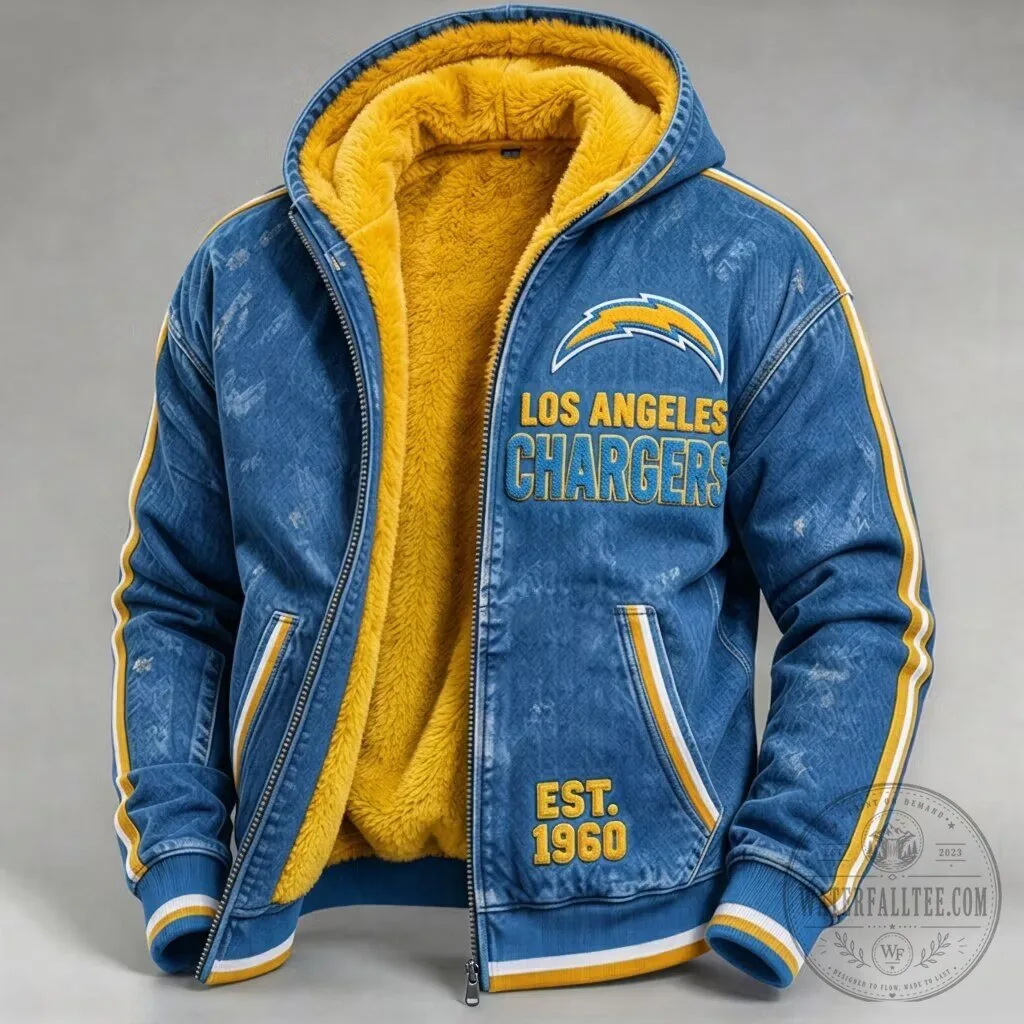 Los Angeles Chargers Sherpa Lined Denim Hoodie Jacket 2 Los Angeles Chargers Sherpa Lined Denim Hoodie Jacket