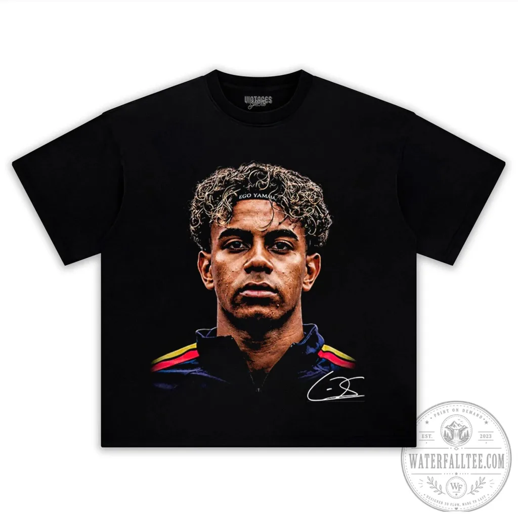 Black T-Shirt featuring Lamine Yamal Portrait of a Football Player Black T-Shirt featuring Lamine Yamal Portrait of a Football Player