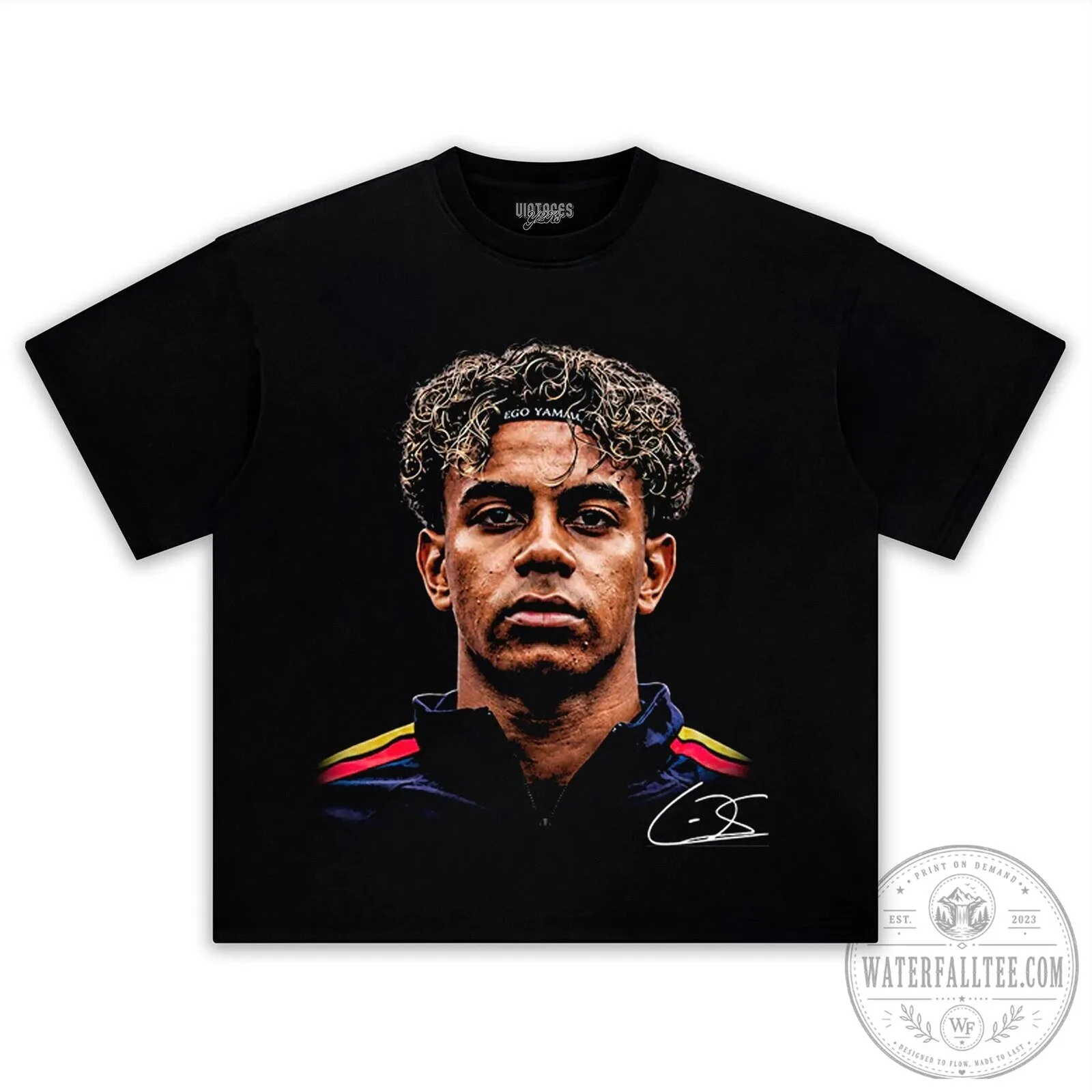Black T-Shirt featuring Lamine Yamal Portrait of a Football Player 7 Black T-Shirt featuring Lamine Yamal Portrait of a Football Player