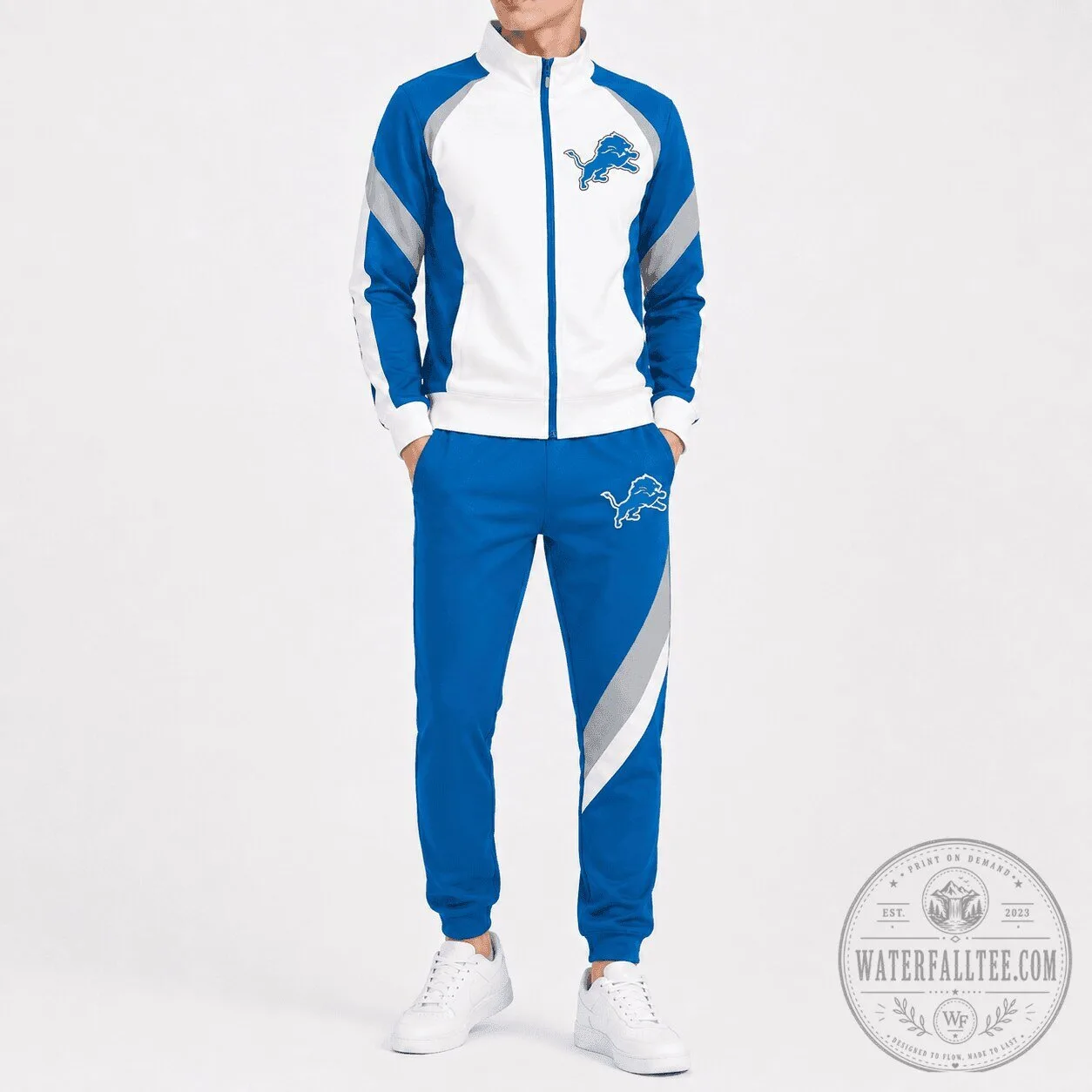 Detroit Lions NFL Football Team Blue and White Tracksuit Jacket and Jogger Pants Set 2 Detroit Lions NFL Football Team Blue and White Tracksuit Jacket and Jogger Pants Set