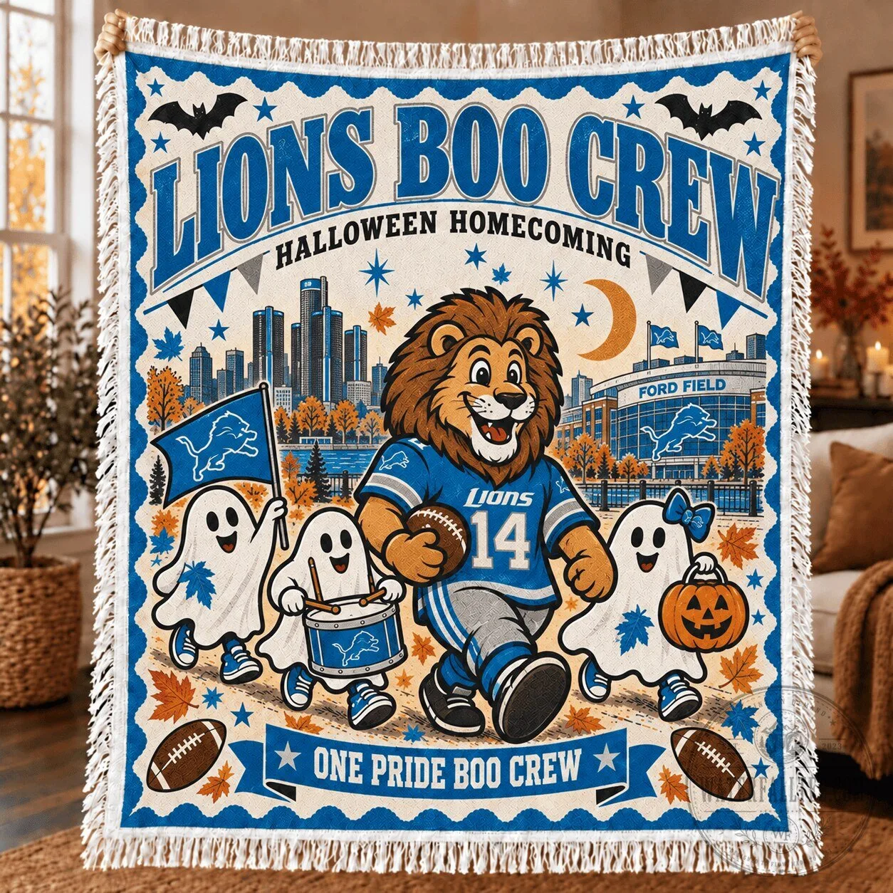 Detroit Lions Fan Halloween Homecoming Boo Crew Fleece Blanket