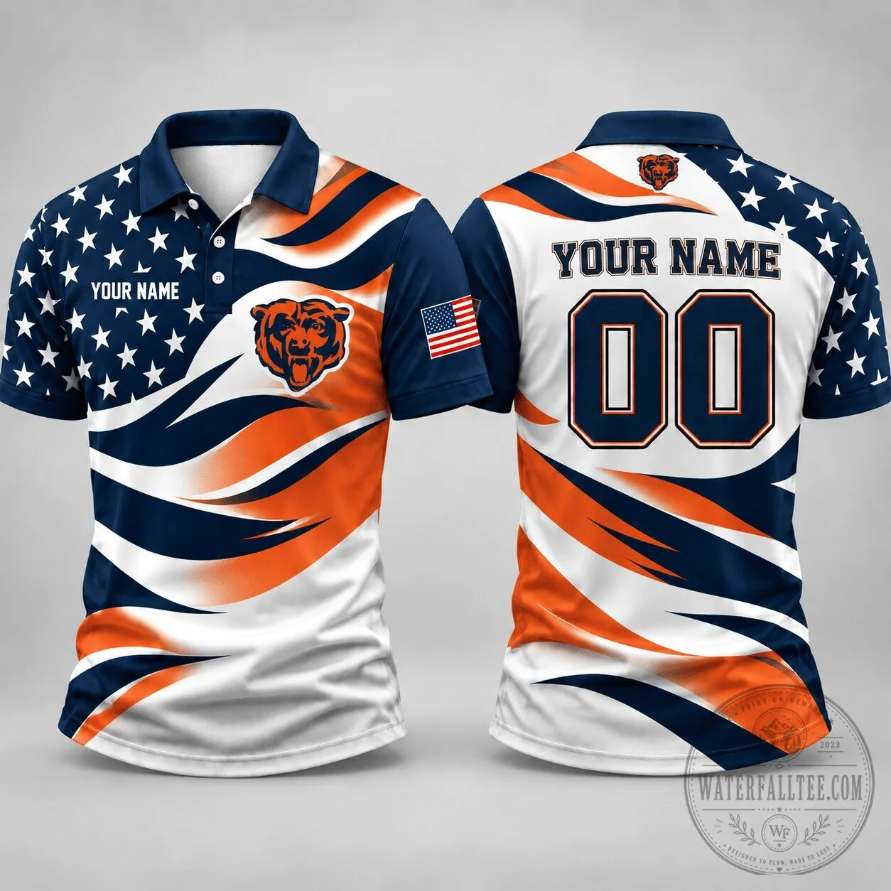 Chicago Bears Personalized Polo Shirt with American Flag Design