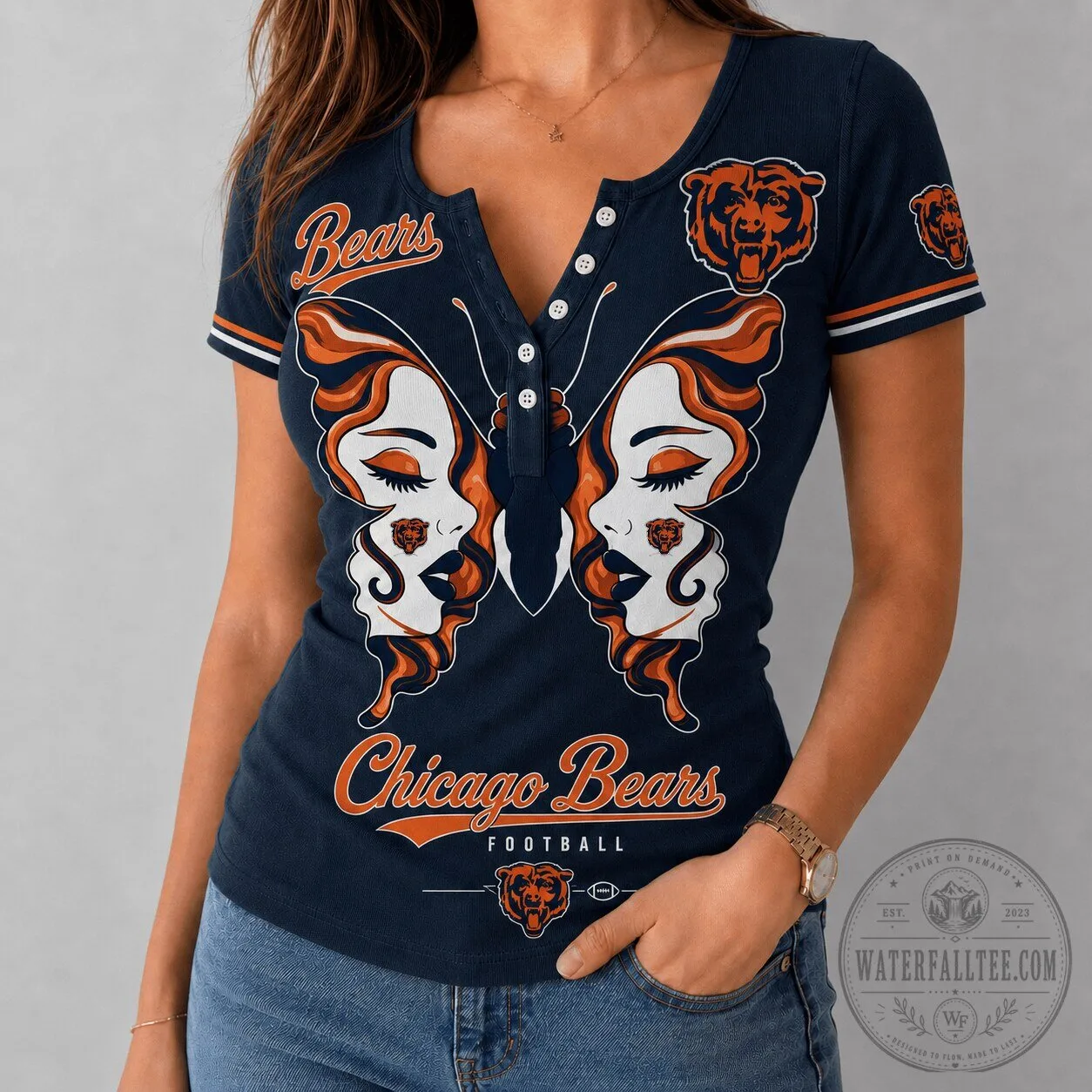 Chicago Bears Shirt Women's Butterfly V-Neck Button Short Sleeve T-Shirt 5 Chicago Bears Shirt Women