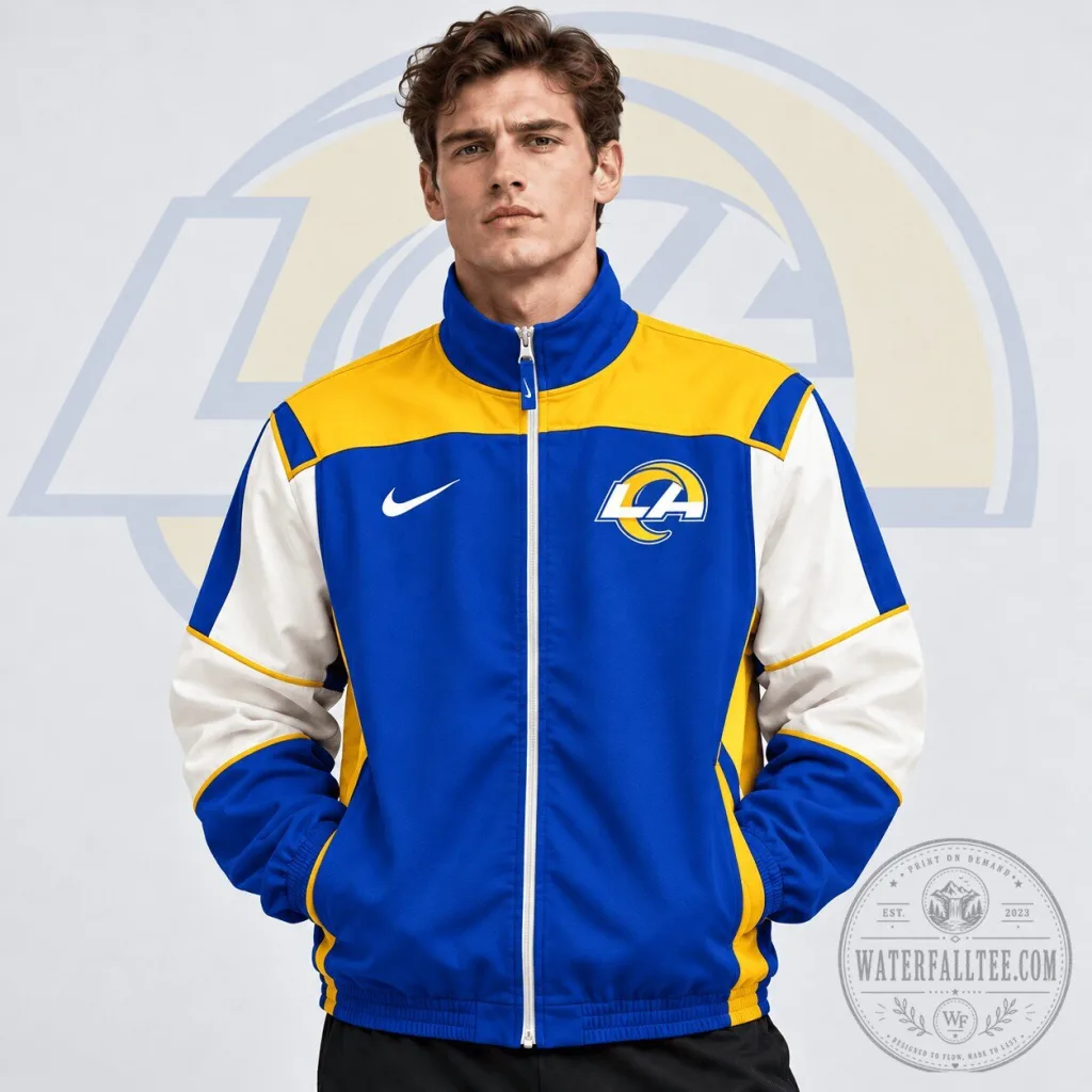 Los Angeles Rams NFL Team Crest Retro Color Block Full Zip Windbreaker Jacket Los Angeles Rams NFL Team Crest Retro Color Block Full Zip Windbreaker Jacket