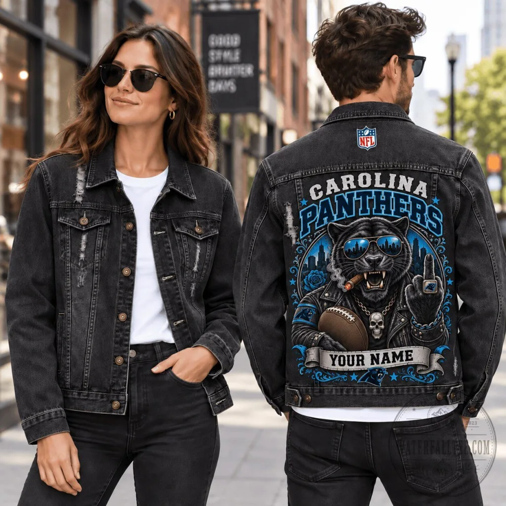 Carolina Panthers NFL Distressed Denim Jacket with Custom Name for Fans Carolina Panthers NFL Distressed Denim Jacket with Custom Name for Fans
