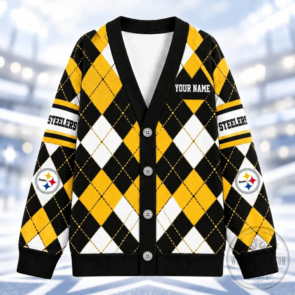 Pittsburgh Steelers Argyle Pattern Personalized Name V-Neck Knitted Cardigan Pittsburgh Steelers Argyle Pattern Personalized Name V-Neck Knitted Cardigan
