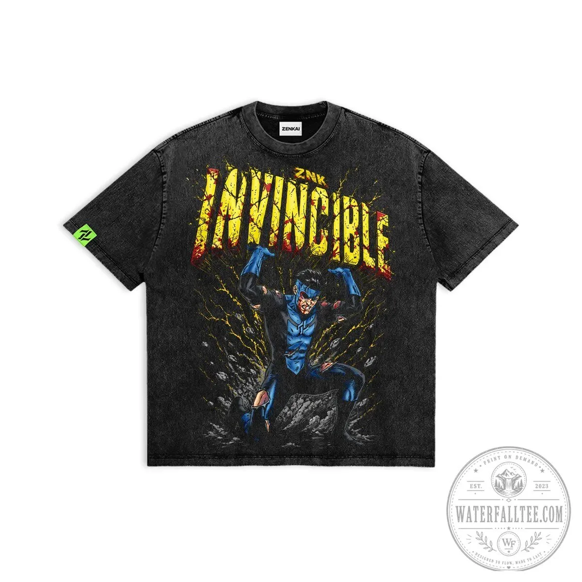 Invincible Unstoppable ZNK Comic Book Hero Black Washed T-Shirt 1 Invincible Unstoppable ZNK Comic Book Hero Black Washed T-Shirt