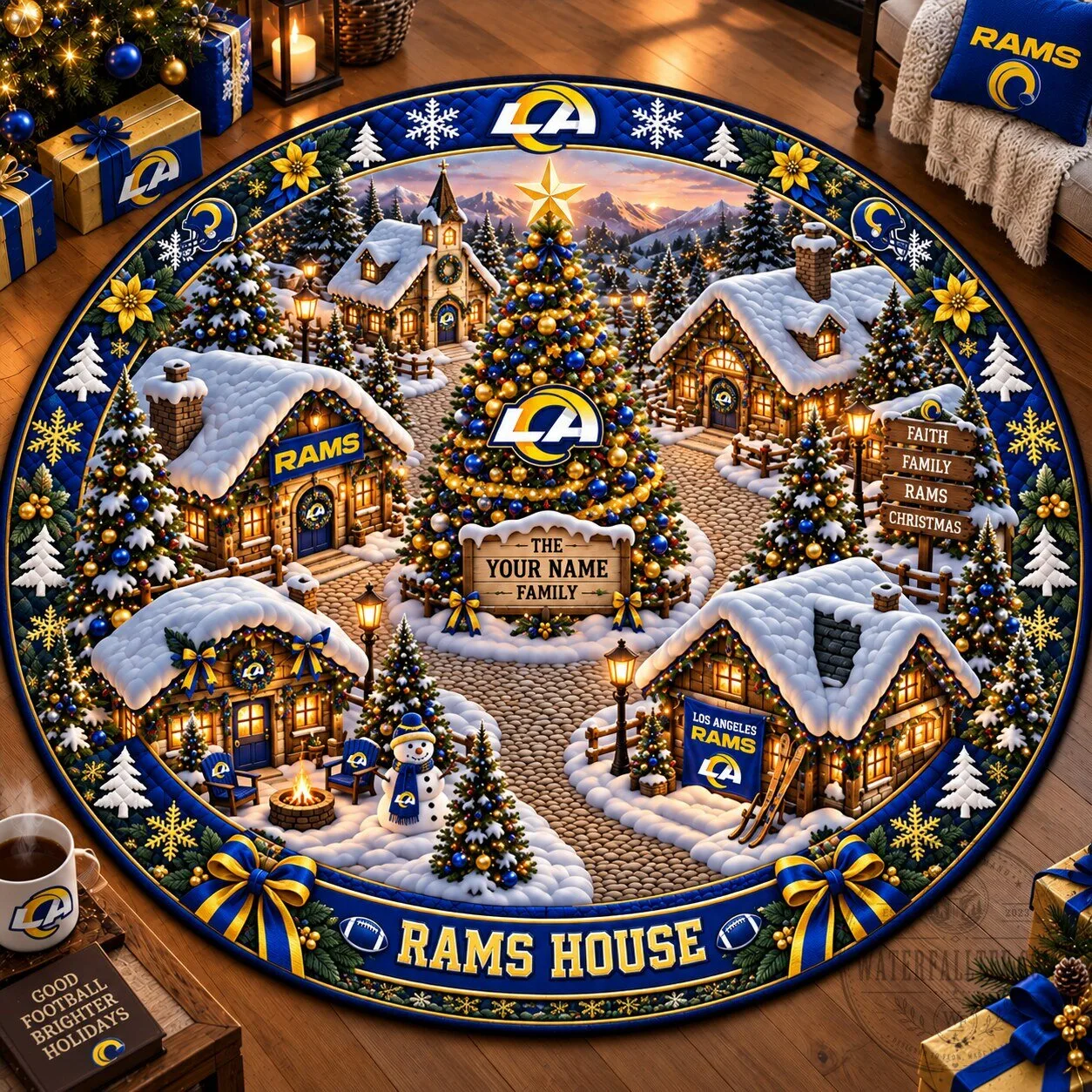 Los Angeles Rams Christmas Village Round Quilted Rug