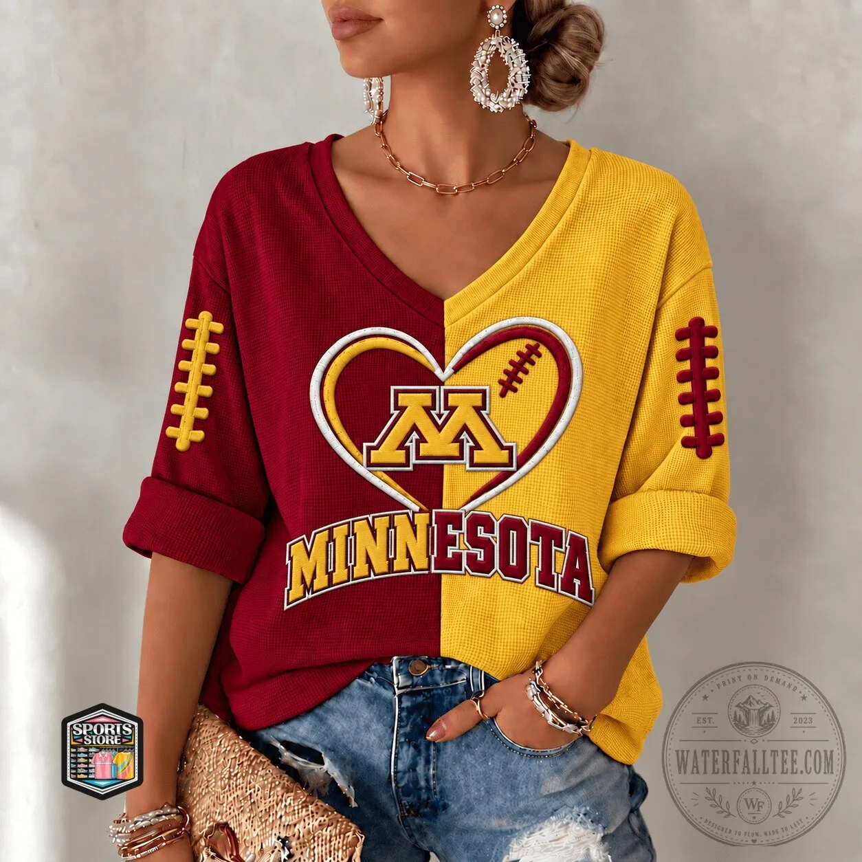 Minnesota Golden Gophers Football Heart Split Color V-Neck T-Shirt 2 Minnesota Golden Gophers Football Heart Split Color V-Neck T-Shirt