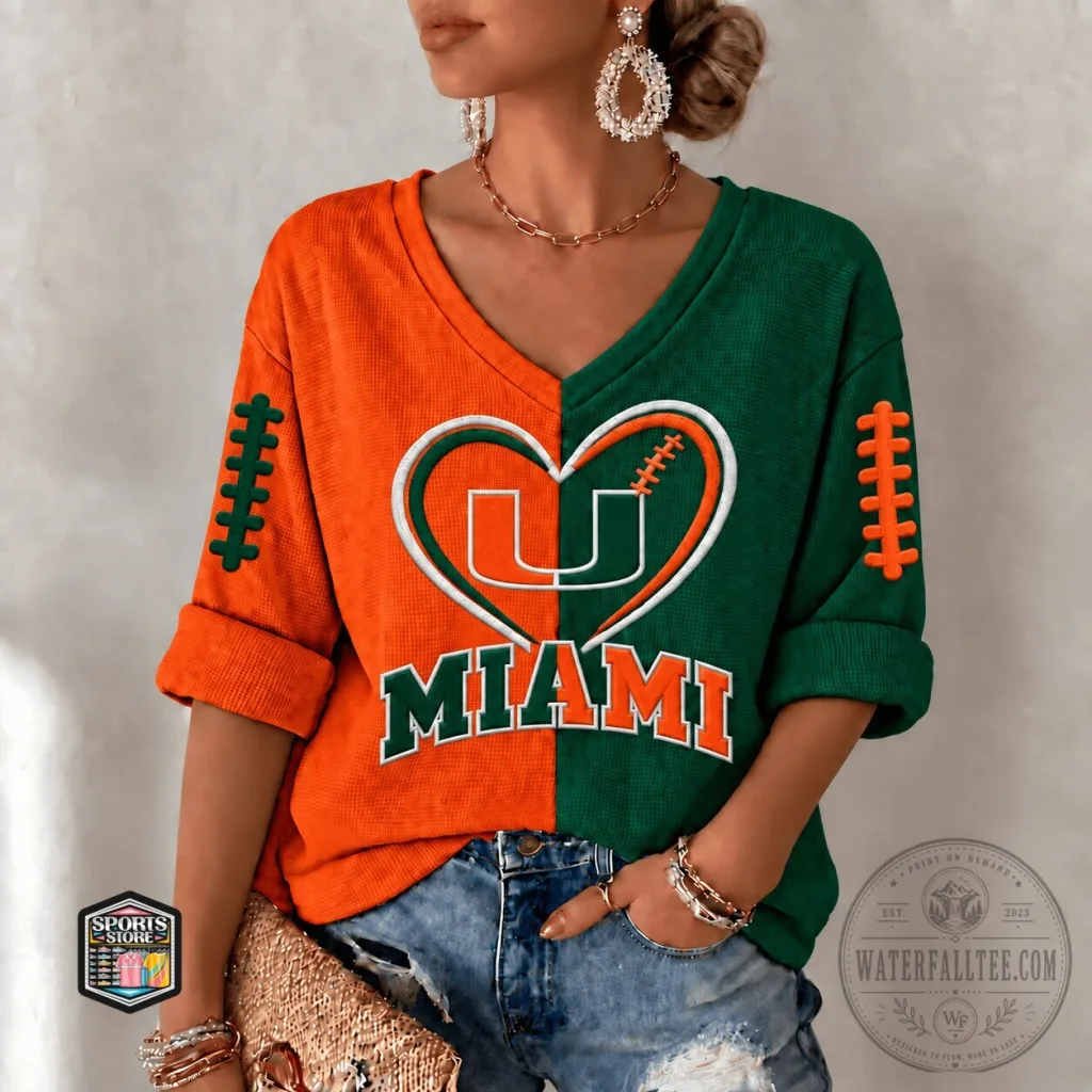 Miami Hurricanes Football Team Split Color V-Neck Long Sleeve Shirt Miami Hurricanes Football Team Split Color V-Neck Long Sleeve Shirt