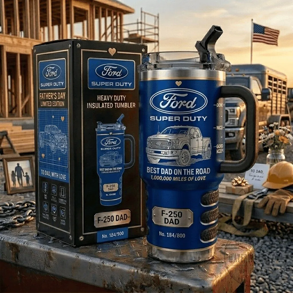 Ford Super Duty F-250 Dad Insulated Tumbler with Handle and Straw 1 Ford Super Duty F-250 Dad Insulated Tumbler with Handle and Straw