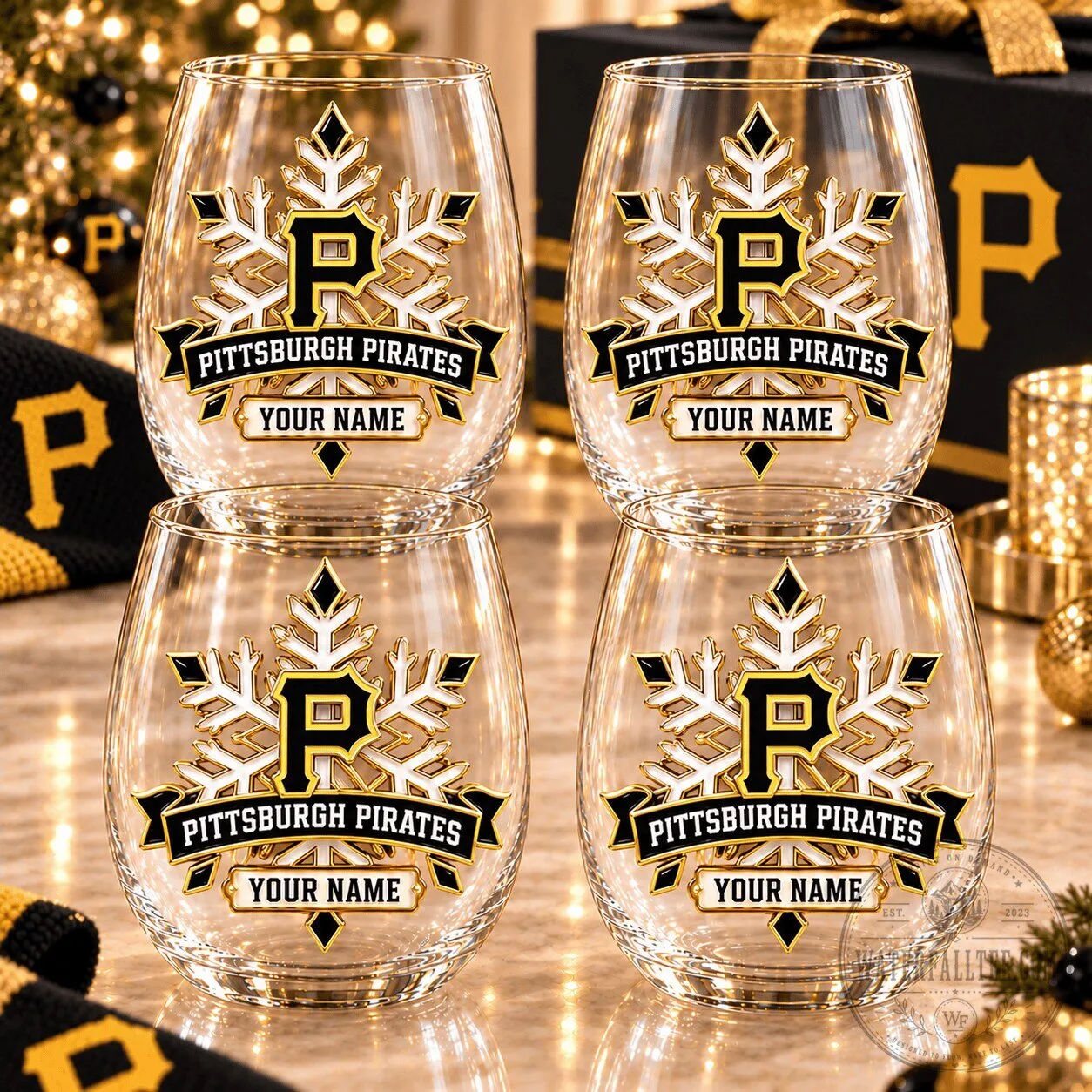 Pittsburgh Pirates MLB Personalized Holiday Snowflake Stemless Wine Glass Set 5 Pittsburgh Pirates MLB Personalized Holiday Snowflake Stemless Wine Glass Set