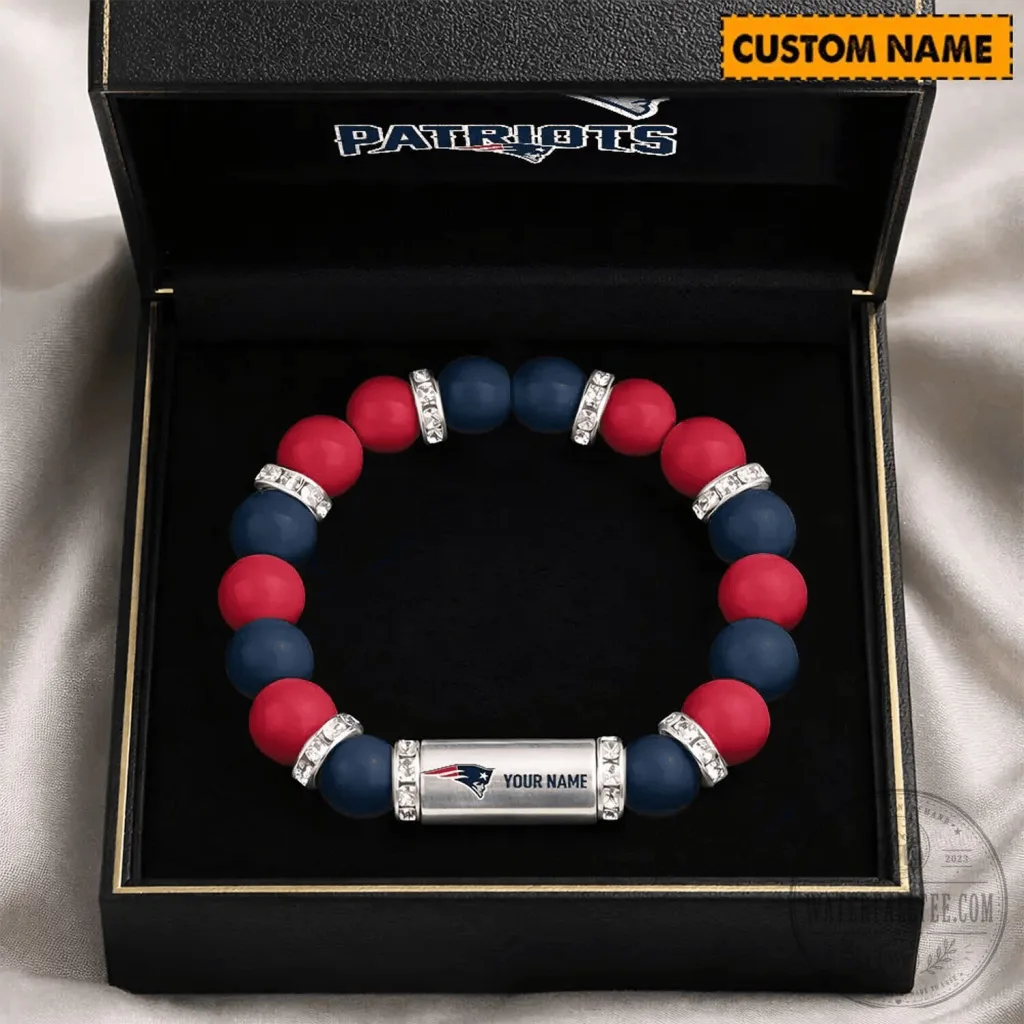 New England Patriots Custom Name Beaded Bracelet with Rhinestone Accents New England Patriots Custom Name Beaded Bracelet with Rhinestone Accents