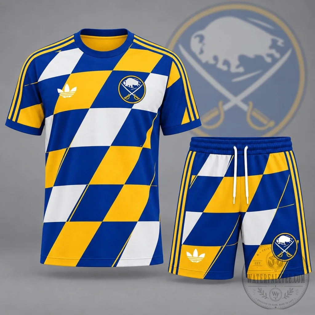 Buffalo Sabres Geometric Colorblock Pattern Blue and Gold Fan T-Shirt and Shorts Set Buffalo Sabres Geometric Colorblock Pattern Blue and Gold Fan T-Shirt and Shorts Set