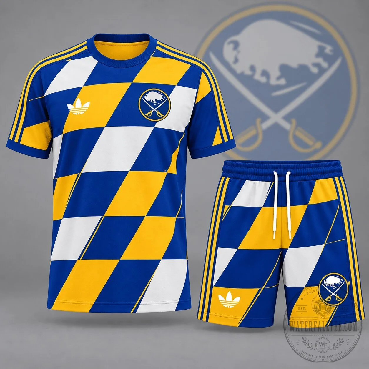 Buffalo Sabres Geometric Colorblock Pattern Blue and Gold Fan T-Shirt and Shorts Set