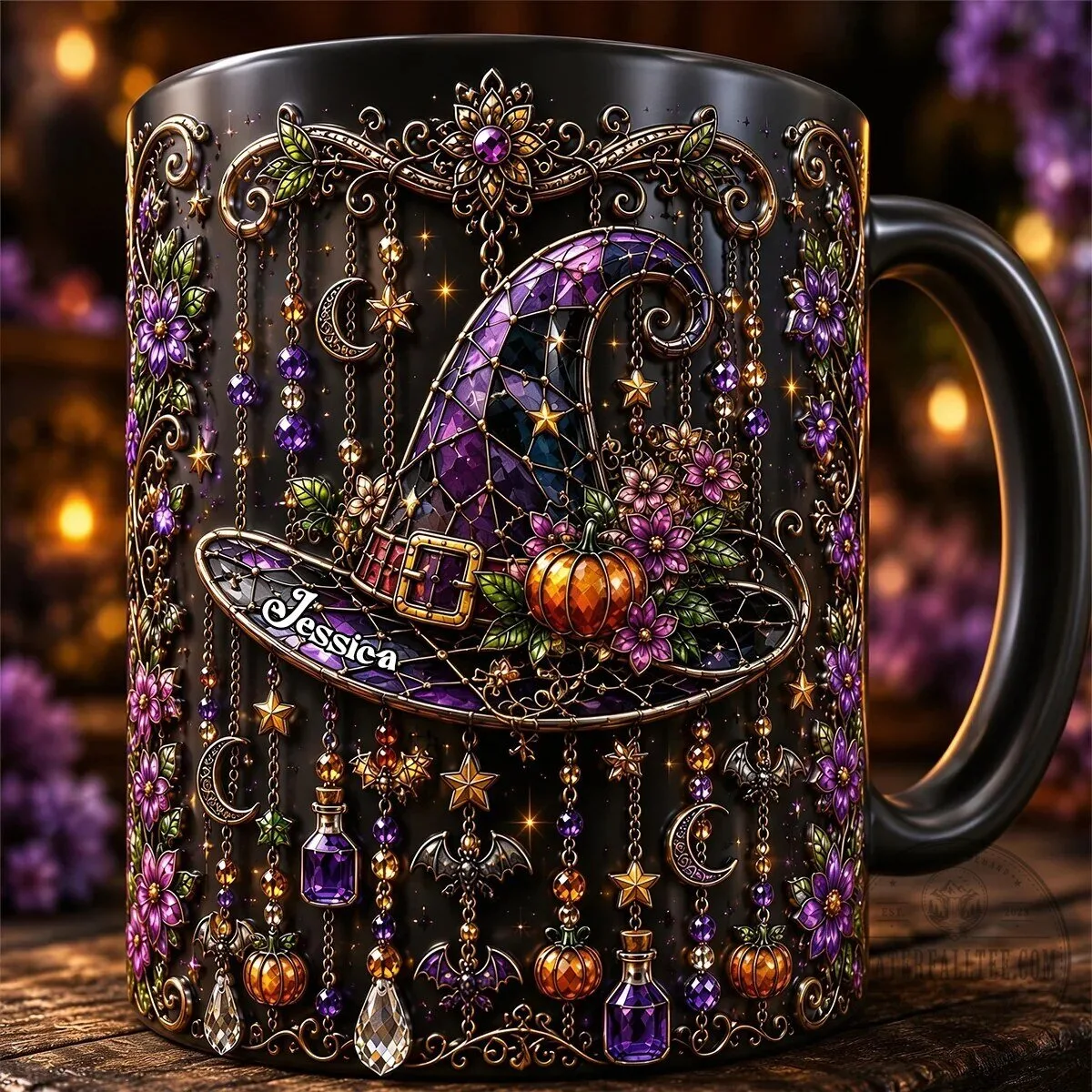Personalized Witch Hat Halloween Mug with Purple Flowers and Gold Accents 4 Personalized Witch Hat Halloween Mug with Purple Flowers and Gold Accents
