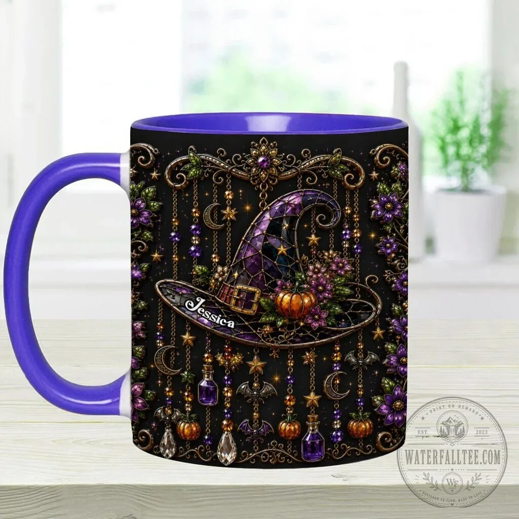 Personalized Witch Hat Halloween Mug with Purple Flowers and Gold Accents 18 Personalized Witch Hat Halloween Mug with Purple Flowers and Gold Accents