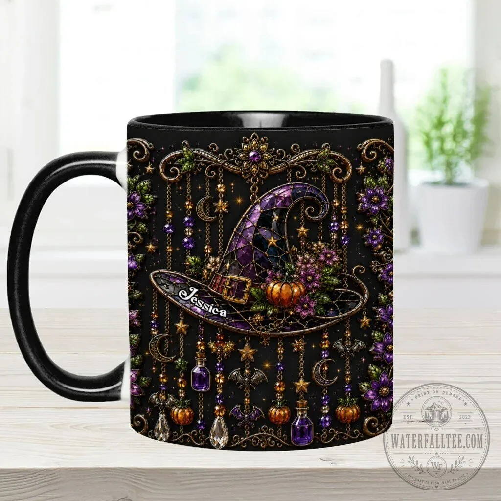 Personalized Witch Hat Halloween Mug with Purple Flowers and Gold Accents 19 Personalized Witch Hat Halloween Mug with Purple Flowers and Gold Accents