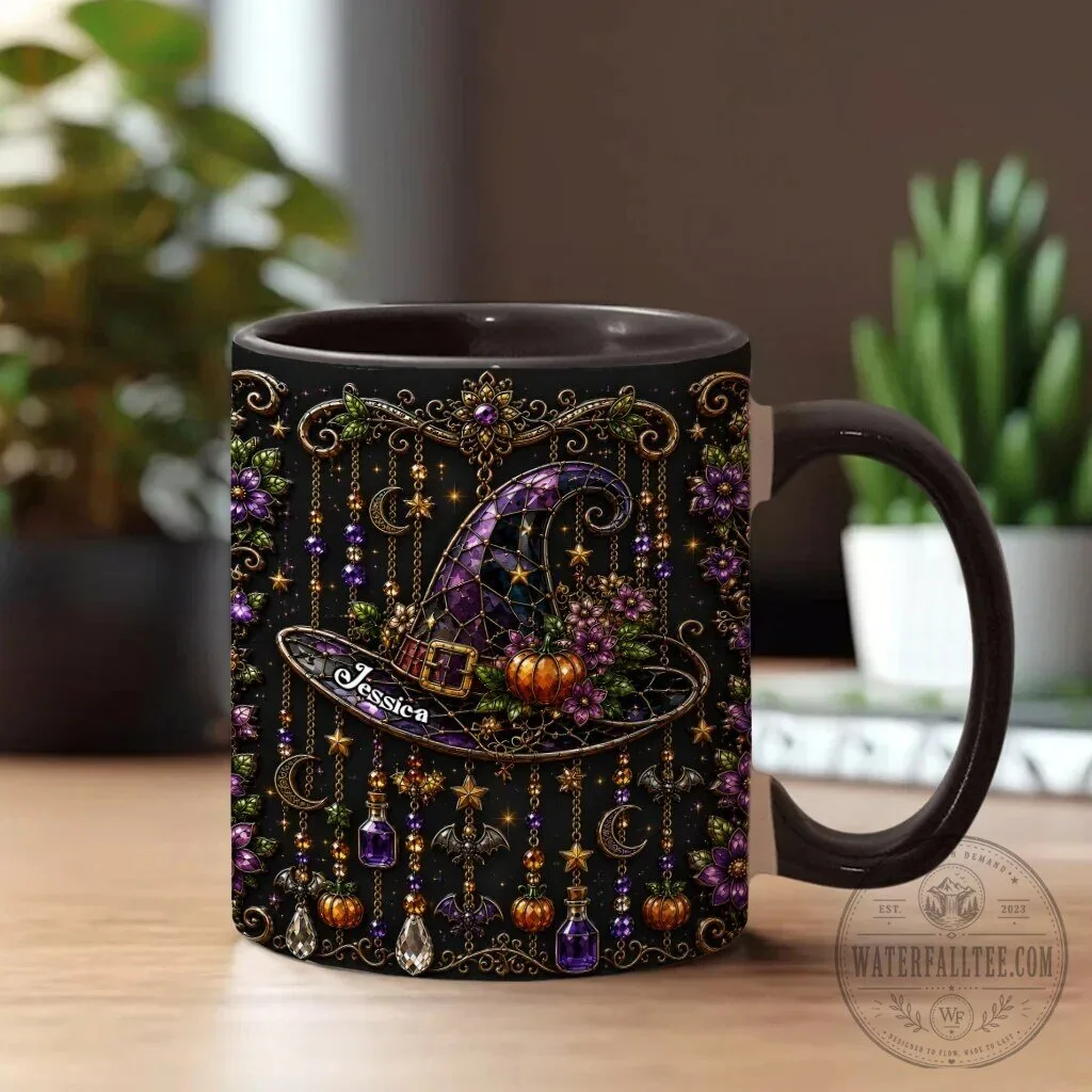 Personalized Witch Hat Halloween Mug with Purple Flowers and Gold Accents 20 Personalized Witch Hat Halloween Mug with Purple Flowers and Gold Accents