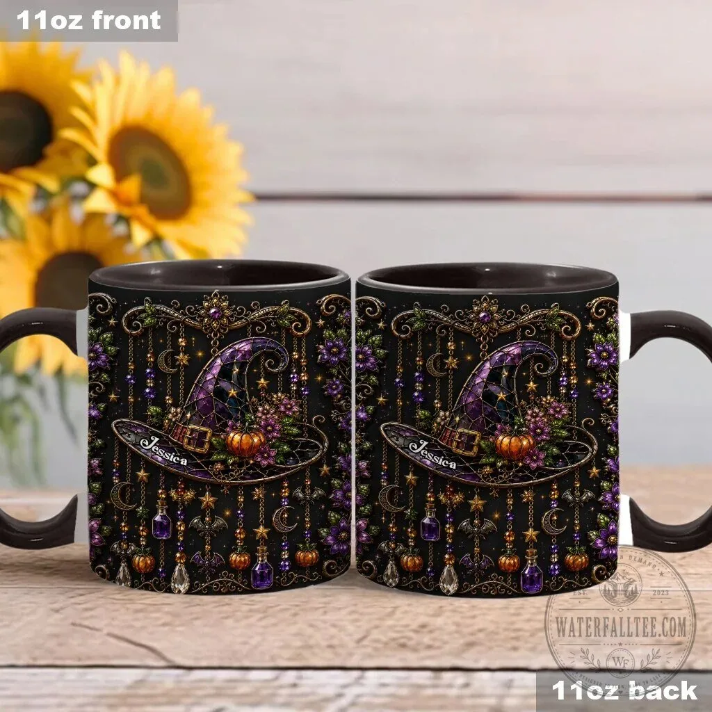 Personalized Witch Hat Halloween Mug with Purple Flowers and Gold Accents 21 Personalized Witch Hat Halloween Mug with Purple Flowers and Gold Accents