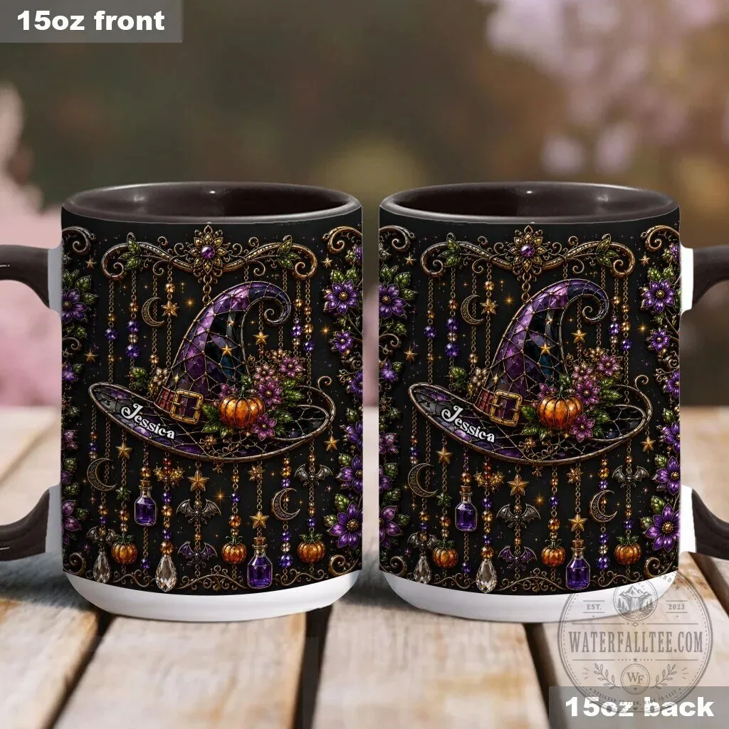 Personalized Witch Hat Halloween Mug with Purple Flowers and Gold Accents 22 Personalized Witch Hat Halloween Mug with Purple Flowers and Gold Accents