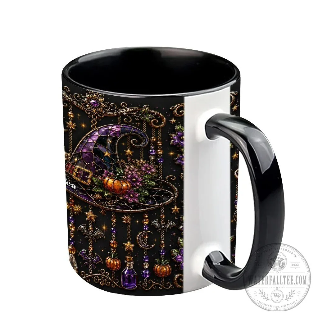Personalized Witch Hat Halloween Mug with Purple Flowers and Gold Accents 23 Personalized Witch Hat Halloween Mug with Purple Flowers and Gold Accents