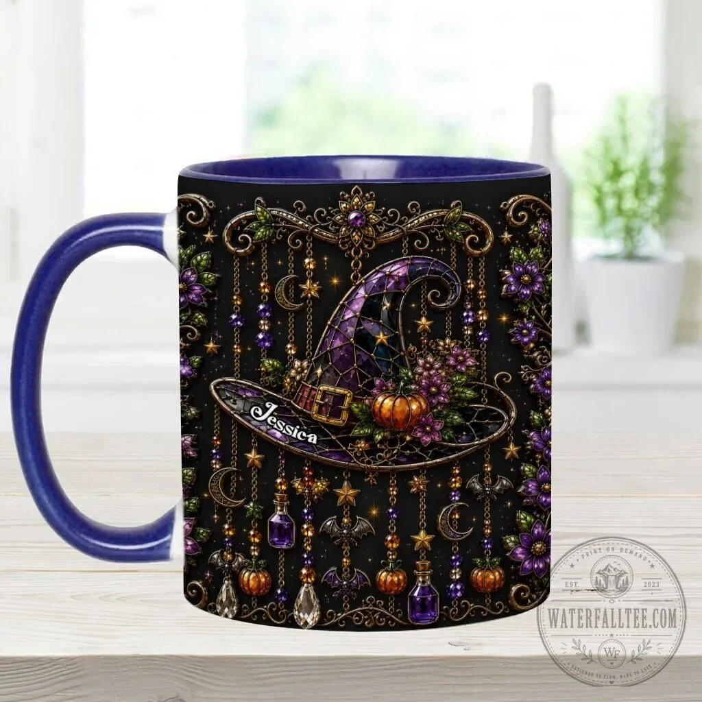 Personalized Witch Hat Halloween Mug with Purple Flowers and Gold Accents 24 Personalized Witch Hat Halloween Mug with Purple Flowers and Gold Accents