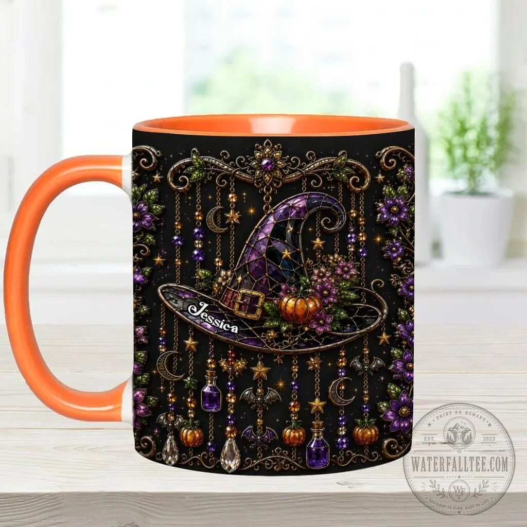 Personalized Witch Hat Halloween Mug with Purple Flowers and Gold Accents 25 Personalized Witch Hat Halloween Mug with Purple Flowers and Gold Accents