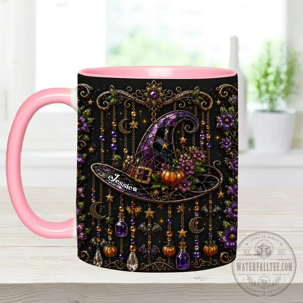 Personalized Witch Hat Halloween Mug with Purple Flowers and Gold Accents 26 Personalized Witch Hat Halloween Mug with Purple Flowers and Gold Accents