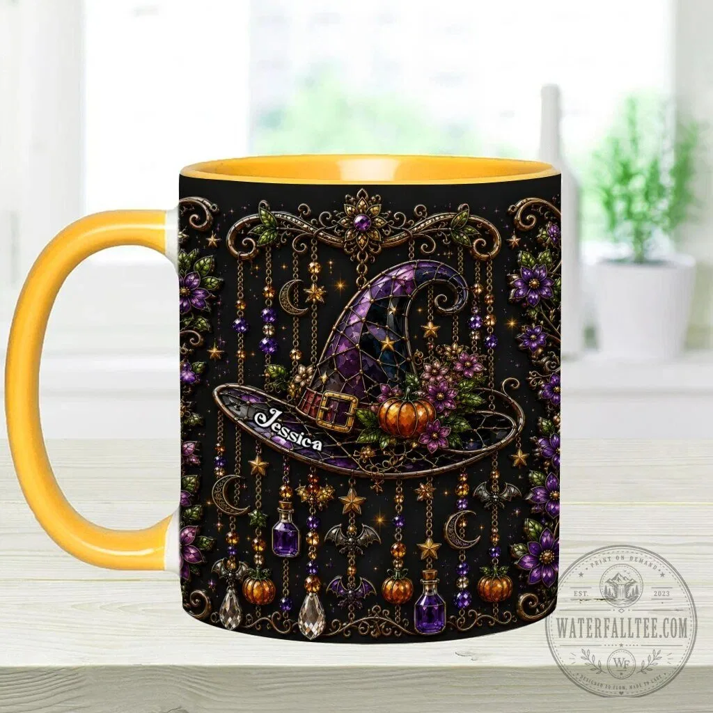 Personalized Witch Hat Halloween Mug with Purple Flowers and Gold Accents 27 Personalized Witch Hat Halloween Mug with Purple Flowers and Gold Accents
