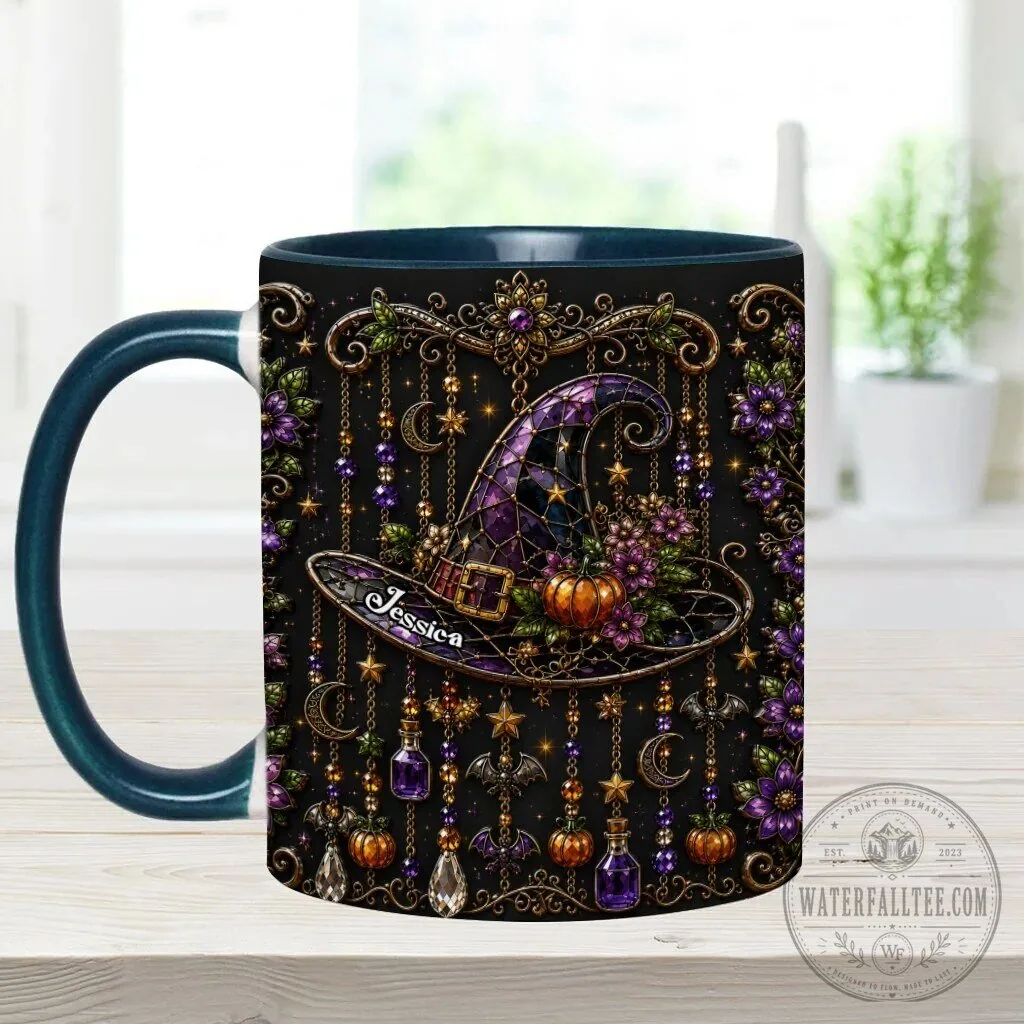 Personalized Witch Hat Halloween Mug with Purple Flowers and Gold Accents 28 Personalized Witch Hat Halloween Mug with Purple Flowers and Gold Accents