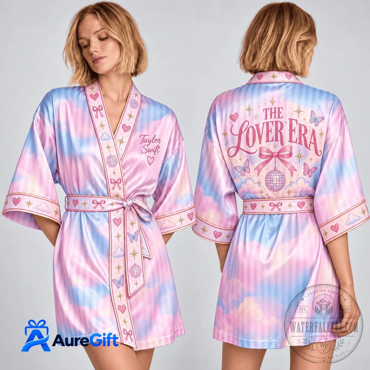 Taylor Swift The Lover Era Pink Blue Clouds Satin Robe
