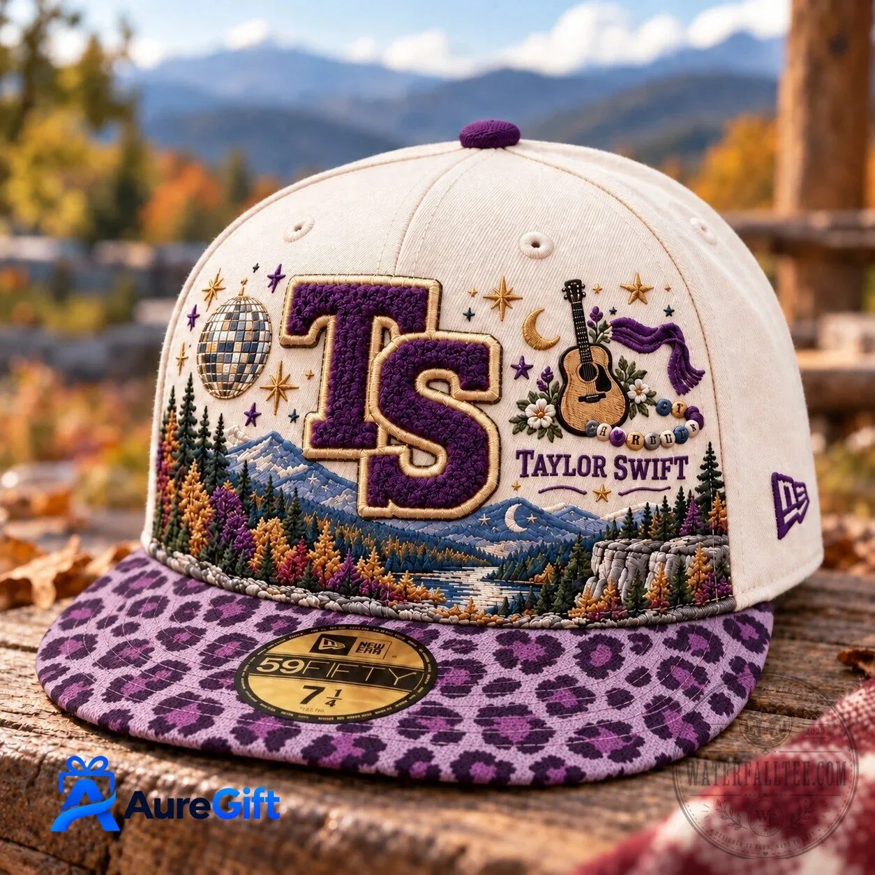 Purple Leopard Print Hat with Embroidered Mountain Landscape - Taylor Swift Edition 2 Purple Leopard Print Hat with Embroidered Mountain Landscape - Taylor Swift Edition