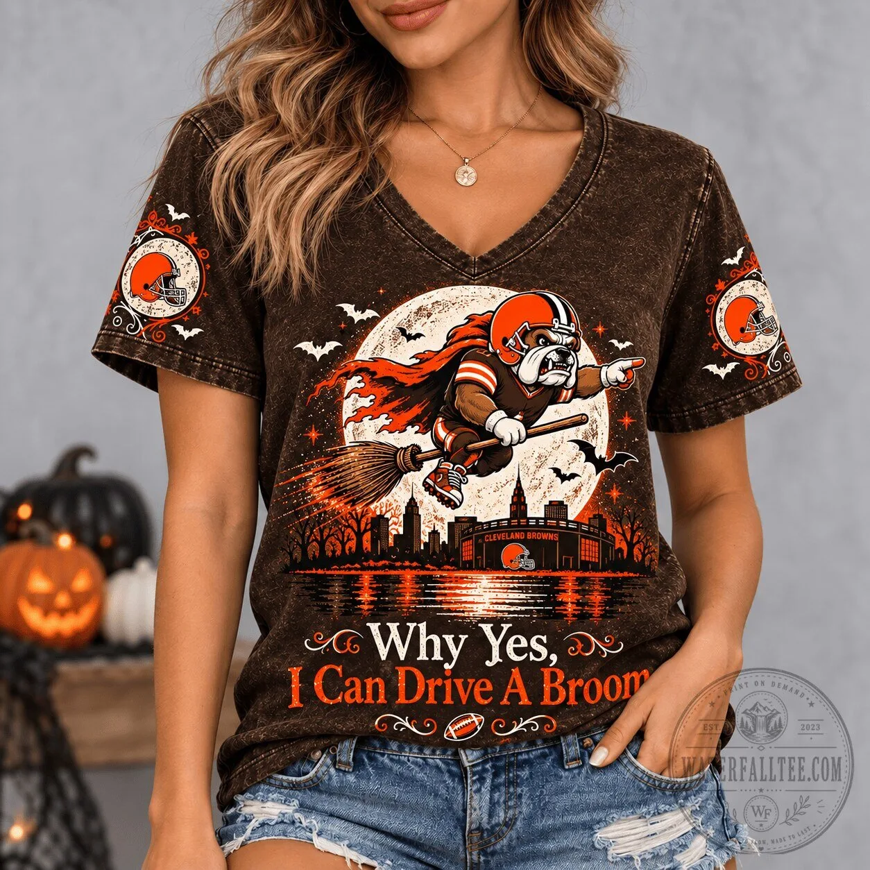 Cleveland Browns Halloween Witch Bulldog Football Fan V-Neck T-Shirt 2 Cleveland Browns Halloween Witch Bulldog Football Fan V-Neck T-Shirt