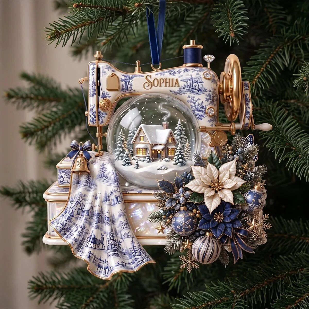 Personalized Sewing Machine Toile De Jouy Christmas Tree Ornament 2 Personalized Sewing Machine Toile De Jouy Christmas Tree Ornament