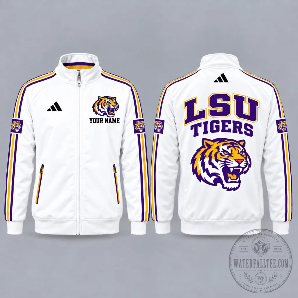 LSU Tigers Personalized White Full-Zip Track Jacket with Striped Sleeves LSU Tigers Personalized White Full-Zip Track Jacket with Striped Sleeves