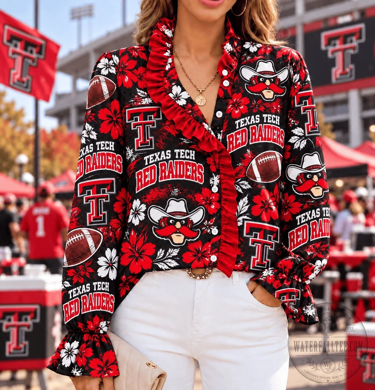 Texas Tech Red Raiders Floral Ruffle Long-Sleeve Blouse 2 Texas Tech Red Raiders Floral Ruffle Long-Sleeve Blouse