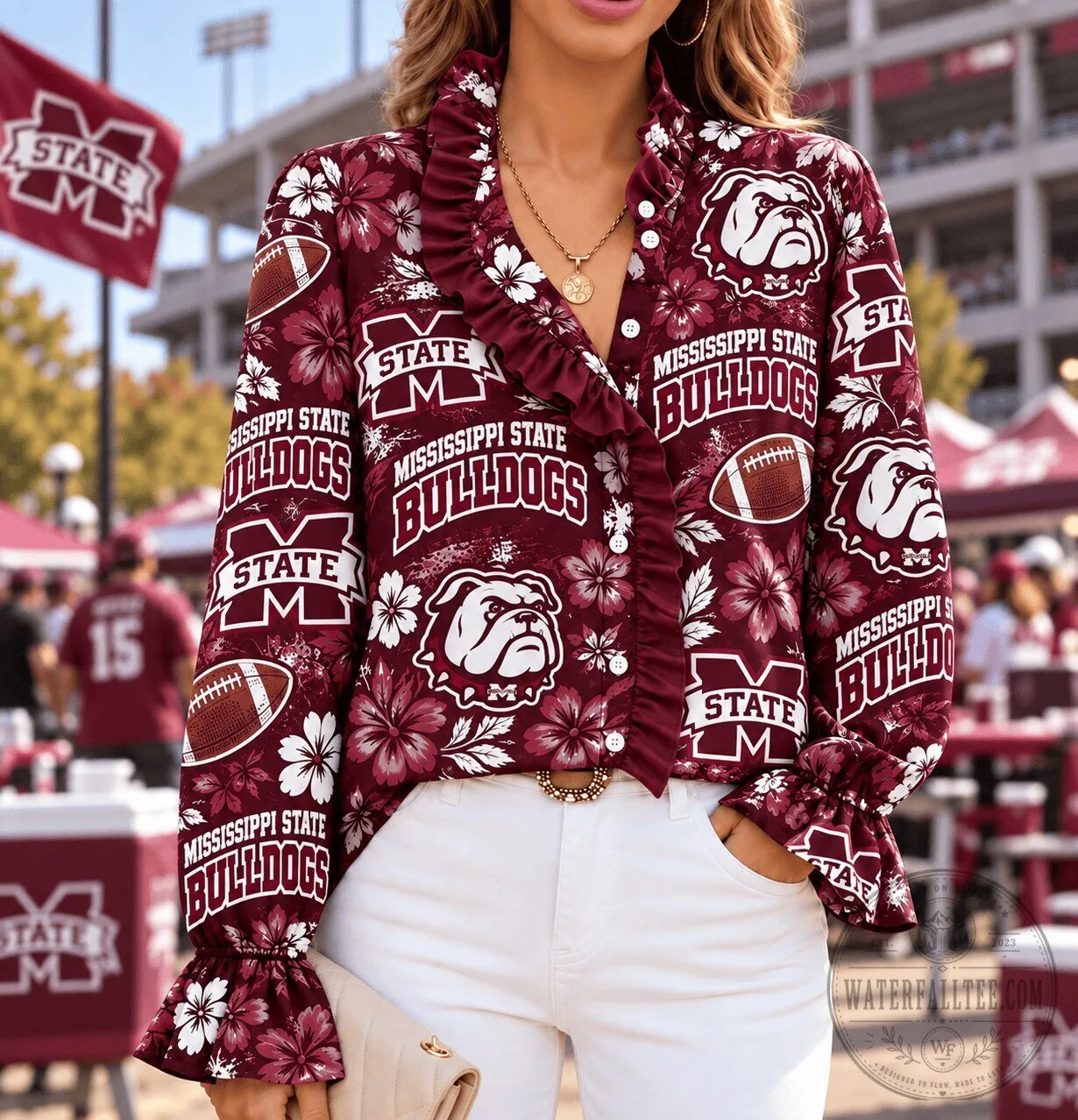 Mississippi State Bulldogs Floral Ruffle Button Down Long Sleeve Blouse 5 Mississippi State Bulldogs Floral Ruffle Button Down Long Sleeve Blouse