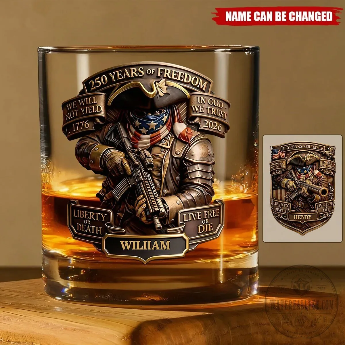 250 Years of Freedom American Soldier Whiskey Glass - Personalized Patriotic Gift