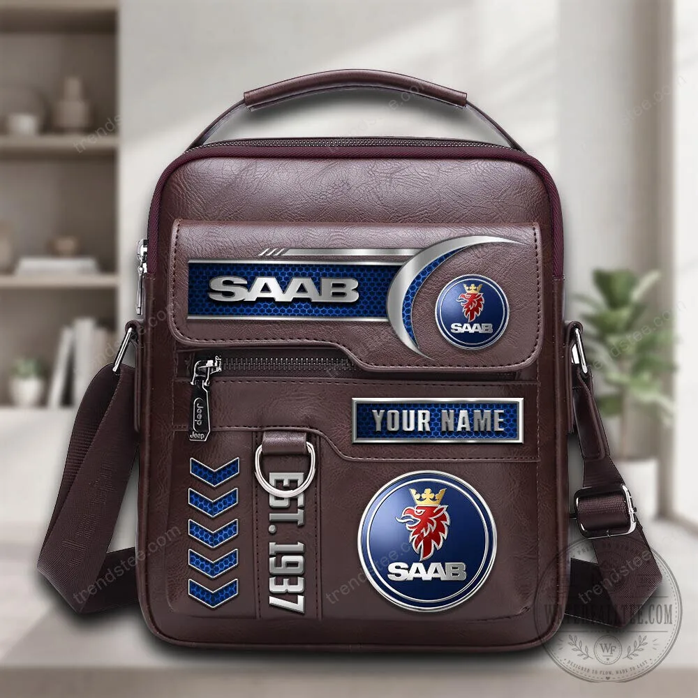 Saab Car Logo Personalized Brown Leather Crossbody Shoulder Bag