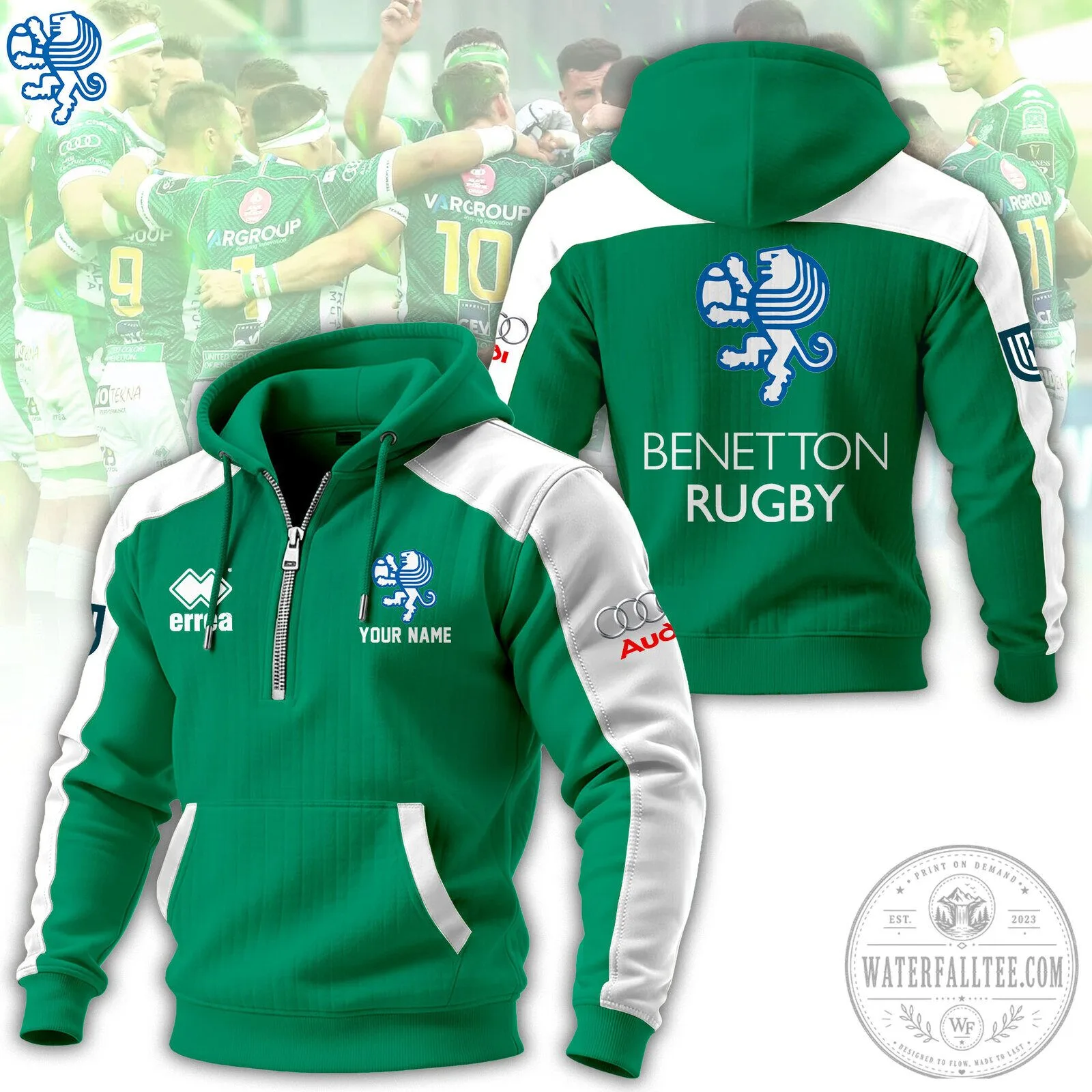 Benetton Rugby Green and White Quarter Zip Hoodie with Pockets