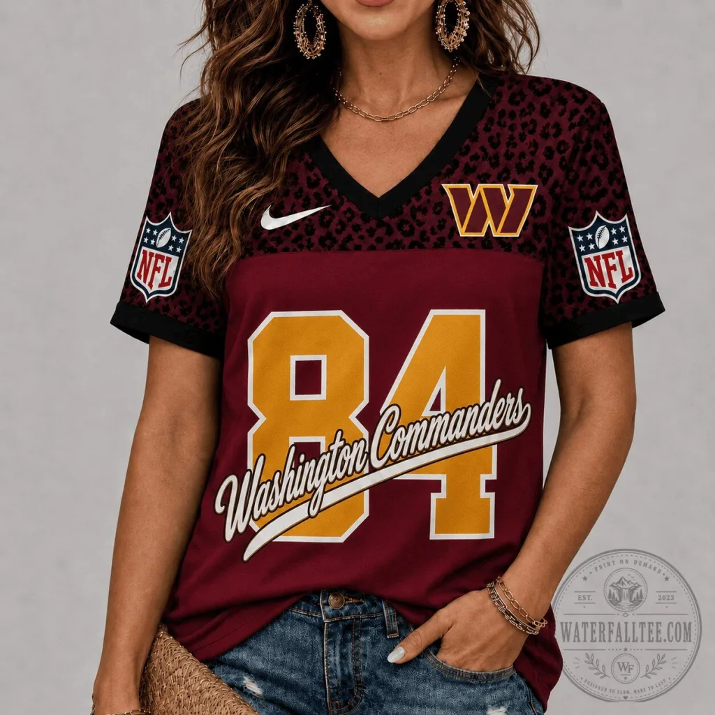 Washington Commanders Football Team Leopard Print V-Neck T-Shirt Washington Commanders Football Team Leopard Print V-Neck T-Shirt
