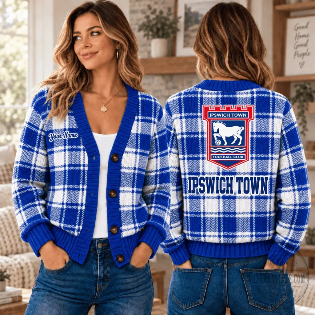 Ipswich Town Football Club Blue Plaid Custom Name Cardigan Sweater Ipswich Town Football Club Blue Plaid Custom Name Cardigan Sweater