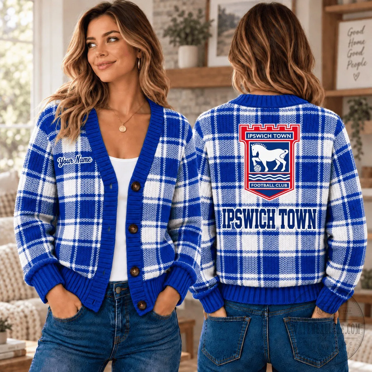 Ipswich Town Football Club Blue Plaid Custom Name Cardigan Sweater 2 Ipswich Town Football Club Blue Plaid Custom Name Cardigan Sweater