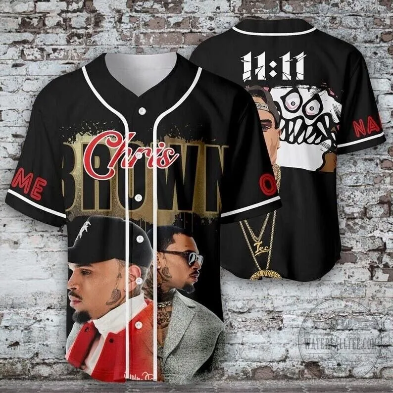 Chris Brown 11:11 Tour Black Baseball Jersey 12 Chris Brown 11:11 Tour Black Baseball Jersey
