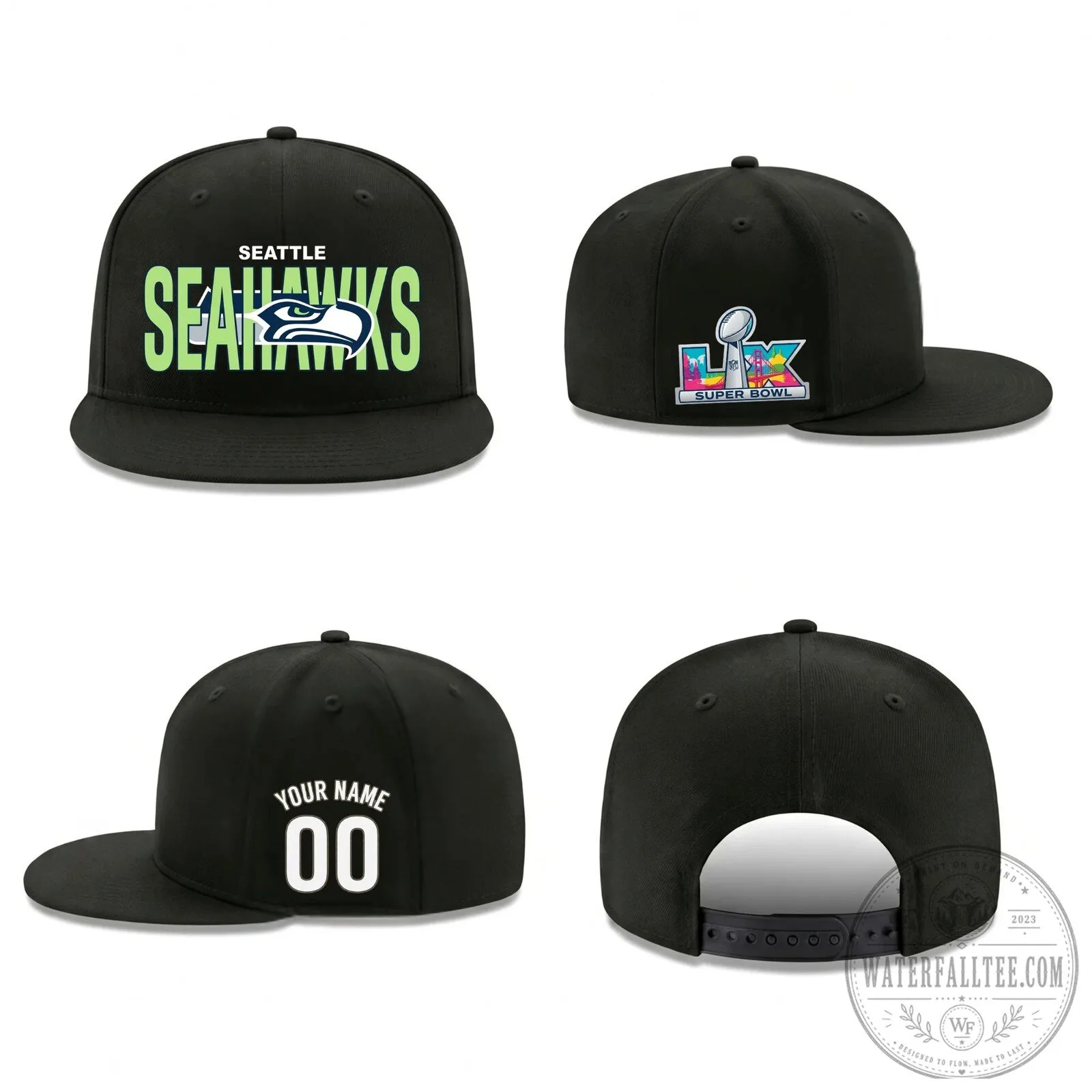 Seattle Seahawks Super Bowl LIX Personalized Black Flat Bill Snapback Cap Hat