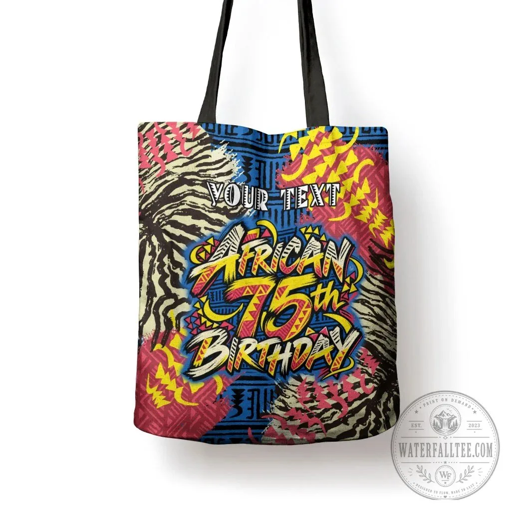 Personalized African 75th Birthday Tote Bag with Tribal Stripes and Heritage Art 8 Personalized African 75th Birthday Tote Bag with Tribal Stripes and Heritage Art
