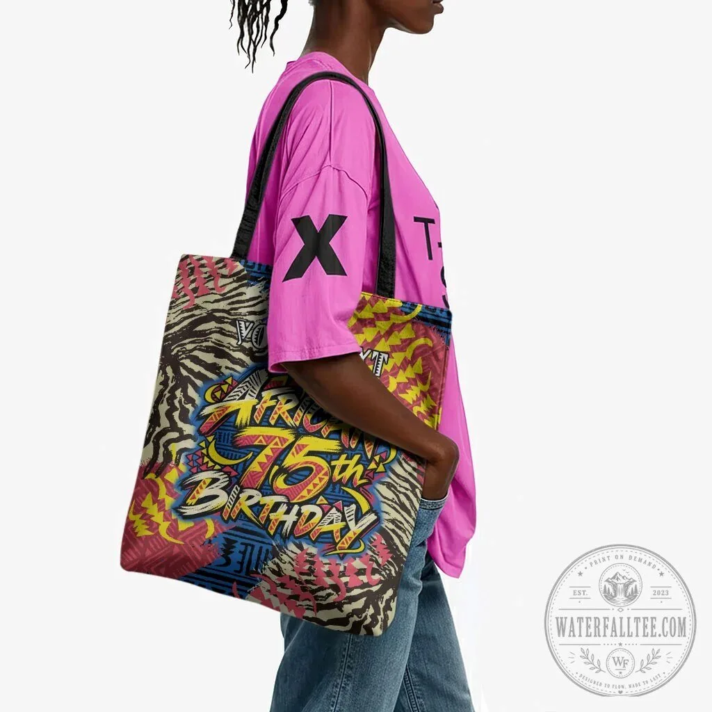 Personalized African 75th Birthday Tote Bag with Tribal Stripes and Heritage Art 9 Personalized African 75th Birthday Tote Bag with Tribal Stripes and Heritage Art
