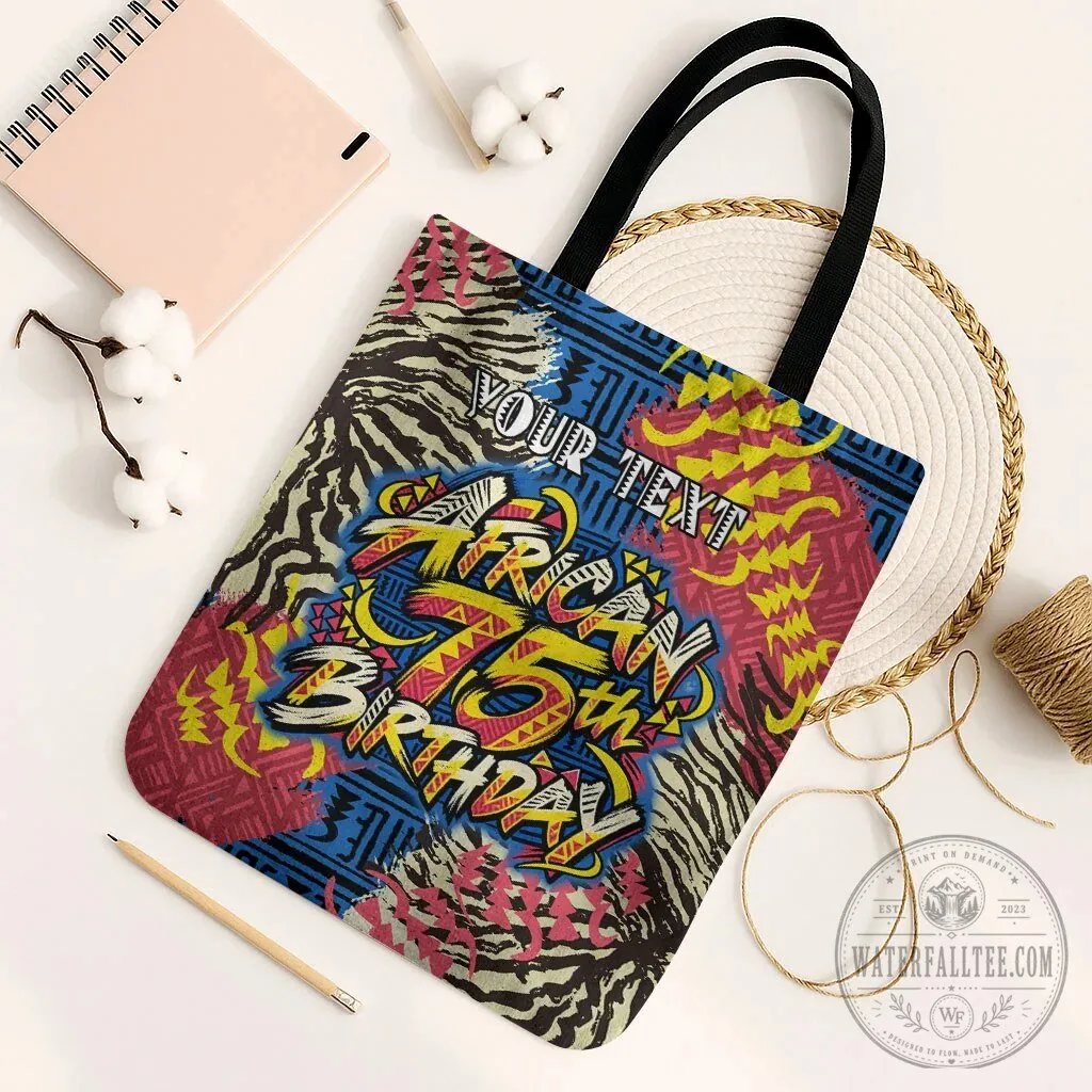 Personalized African 75th Birthday Tote Bag with Tribal Stripes and Heritage Art 10 Personalized African 75th Birthday Tote Bag with Tribal Stripes and Heritage Art